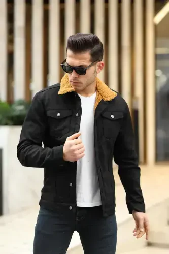 Men's Fur Lined Denim Jacket-BLACK - 4