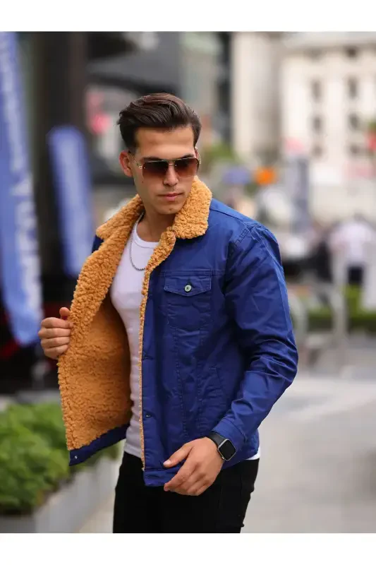 MEN'S FUR LINED DENIM JACKET-COBALT - 1