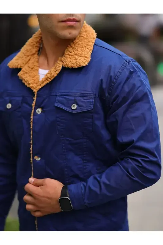 MEN'S FUR LINED DENIM JACKET-COBALT - 2