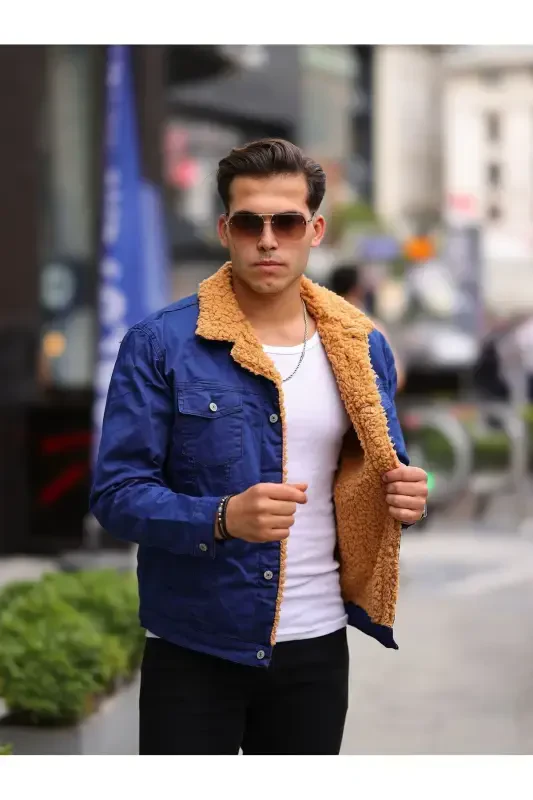 MEN'S FUR LINED DENIM JACKET-COBALT - 3