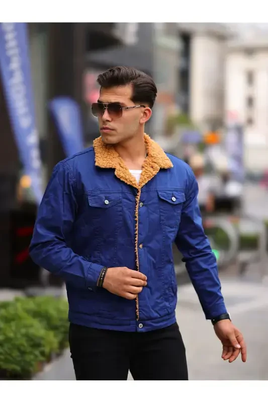 MEN'S FUR LINED DENIM JACKET-COBALT - 4
