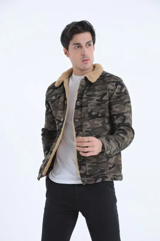 Men's Fur Lined Denim Jacket-MIXED - 1