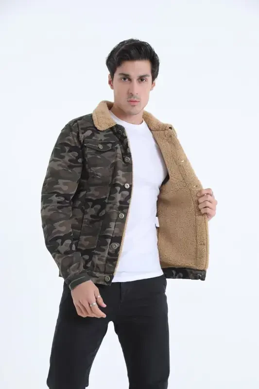 Men's Fur Lined Denim Jacket-MIXED - 2