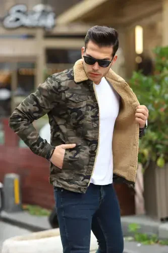 Men's Fur Lined Denim Jacket-MIXED - 4