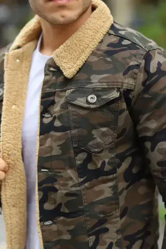 Men's Fur Lined Denim Jacket-MIXED - 5