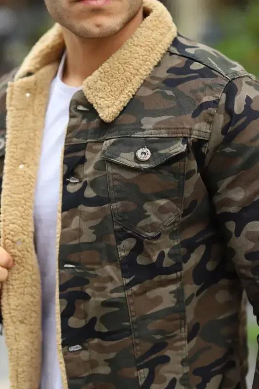 Men's Fur Lined Denim Jacket-MIXED - 5