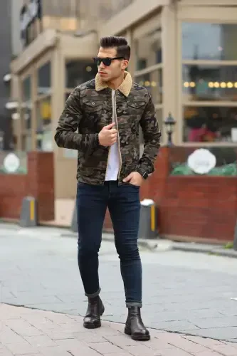 Men's Fur Lined Denim Jacket-MIXED - 6