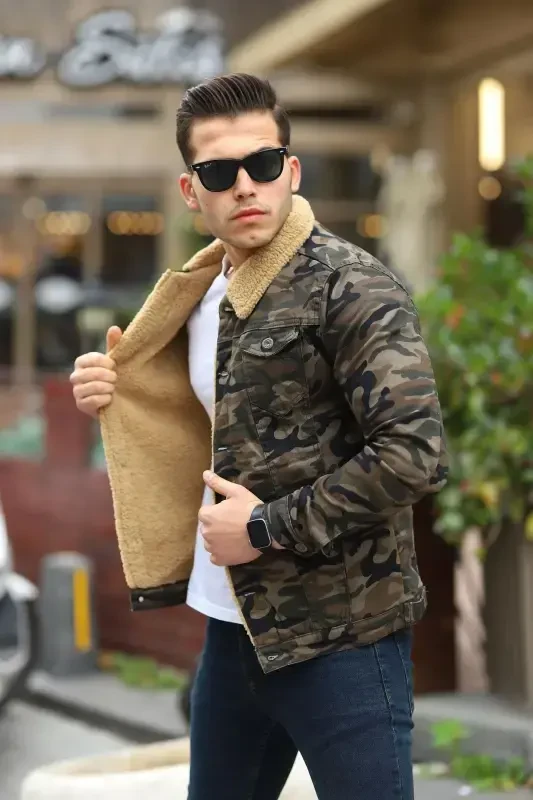 Men's Fur Lined Denim Jacket-MIXED - 7