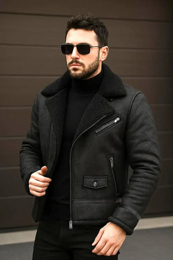 Men's Fur-Lined Suede Leather Jacket - 3