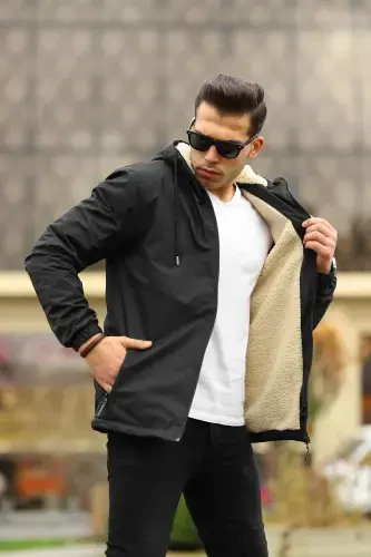 Men's Fur Lined Waterproof Hooded Pocket Raincoat - 1