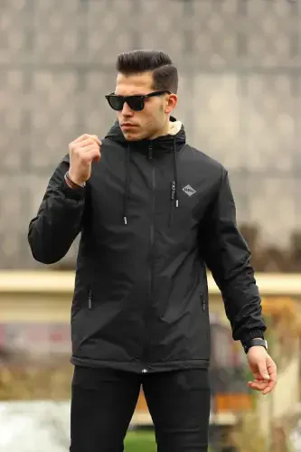 Men's Fur Lined Waterproof Hooded Pocket Raincoat - 3