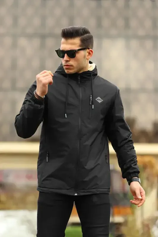 Men's Fur Lined Waterproof Hooded Pocket Raincoat - 3