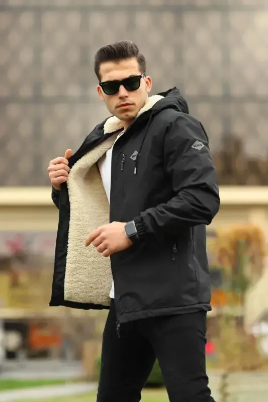 Men's Fur Lined Waterproof Hooded Pocket Raincoat - 4