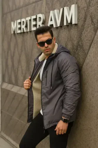 Men's Fur-Lined Waterproof Hooded Pocket Raincoat - 4