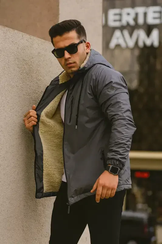 Men's Fur-Lined Waterproof Hooded Pocket Raincoat - 5