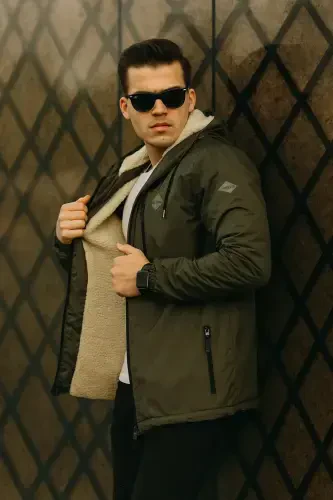 Men's Fur-Lined Waterproof Hooded Pocket Raincoat Khaki - 4