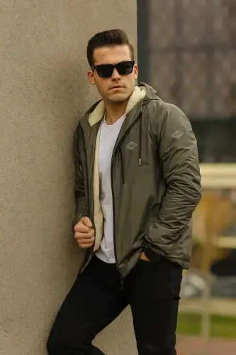 Men's Fur-Lined Waterproof Hooded Pocket Raincoat Khaki - 5