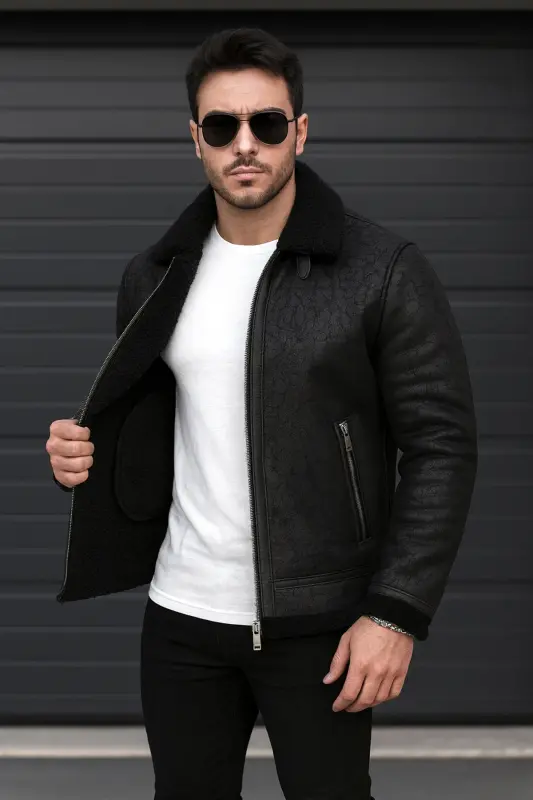 Men's fur suede leather jacket - 1