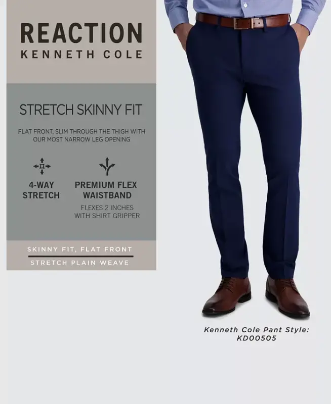 Men's Gabardine Skinny/Extra-Slim Fit Performance Stretch Flat-Front Dress Pants-Blue - 6