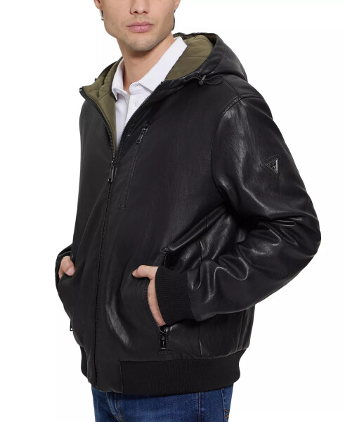 Men's Gary Faux Leather Hooded Jacket Jet Black - 3