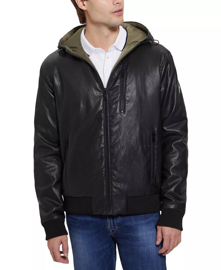 Men's Gary Faux Leather Hooded Jacket Jet Black - 5