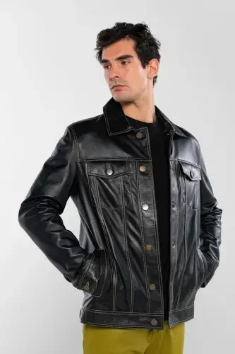 Men's Genuine Leather Black Leather Jacket - TAMER TANCA (1)