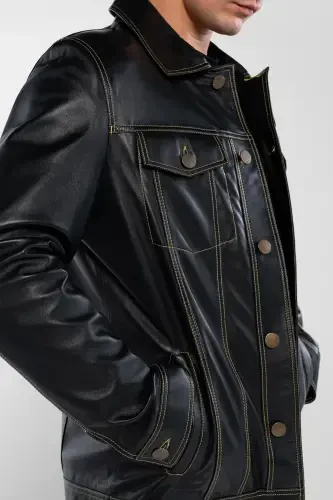 Men's Genuine Leather Black Leather Jacket - 5