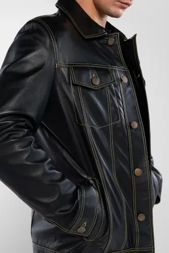 Men's Genuine Leather Black Leather Jacket - 5