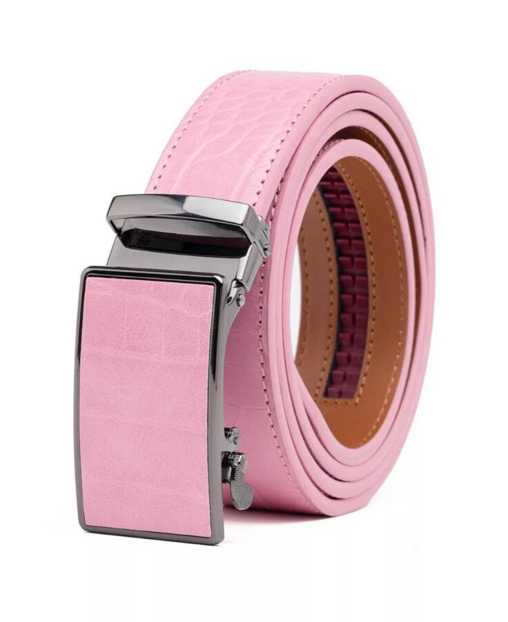 Men's Genuine Leather Crocodile Design Dress Belt with Automatic Buckle (Pink) - 2