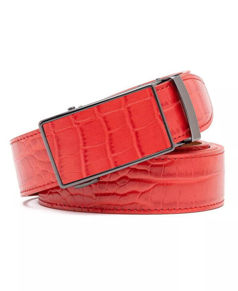 Men's Genuine Leather Crocodile Design Dress Belt with Automatic Buckle Red - 1