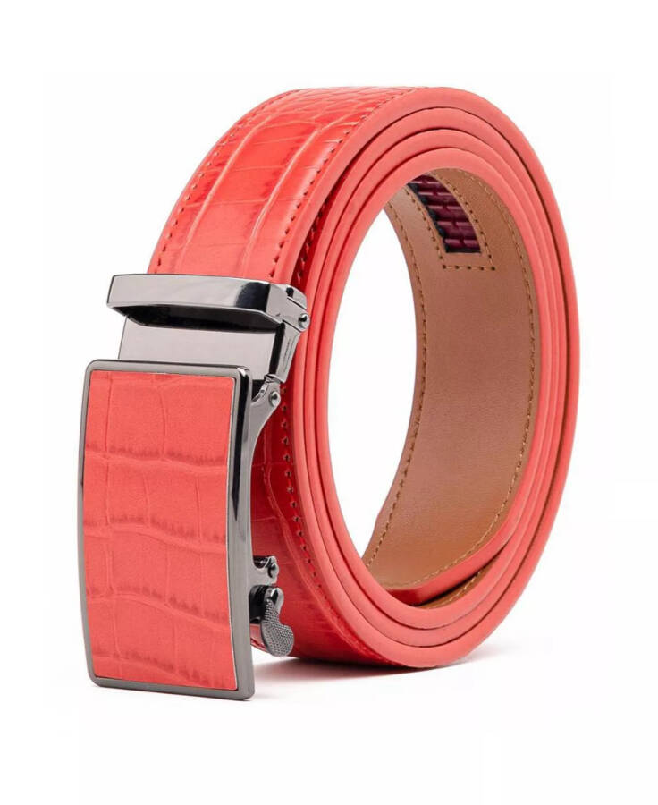 Men's Genuine Leather Crocodile Design Dress Belt with Automatic Buckle Red - 2