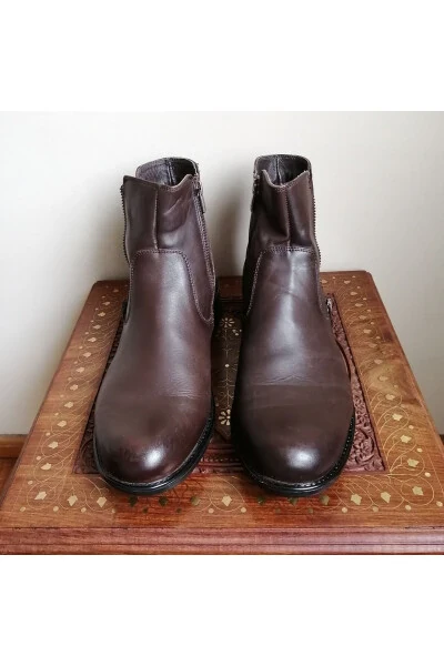 Men's Genuine Leather Dark Brown Antique Zipped Soft - İNCI