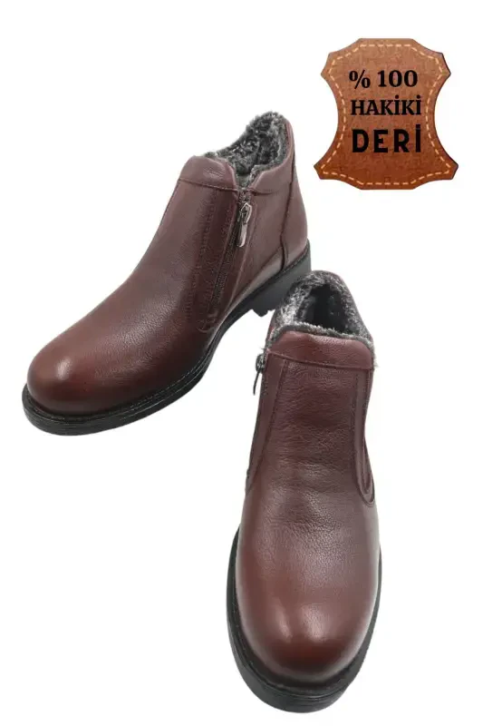 Men's Genuine Leather Fur Lined Zippered Brown Non-Slip Sole Cold Resistant Daily Boot-BROWN L - NAZENINTASARIMLAR
