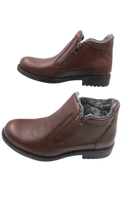 Men's Genuine Leather Fur Lined Zippered Brown Non-Slip Sole Cold Resistant Daily Boot-BROWN L - 3