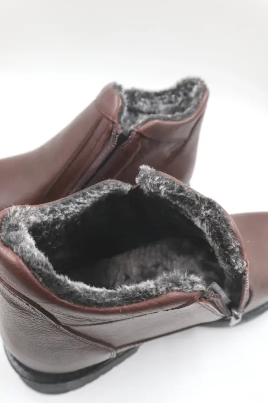 Men's Genuine Leather Fur Lined Zippered Brown Non-Slip Sole Cold Resistant Daily Boot-BROWN L - 2