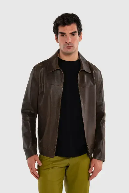 Men's Genuine Leather Jacket-BROWN DOKME - 1