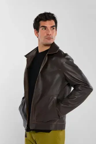 Men's Genuine Leather Jacket-BROWN DOKME - TAMER TANCA (1)