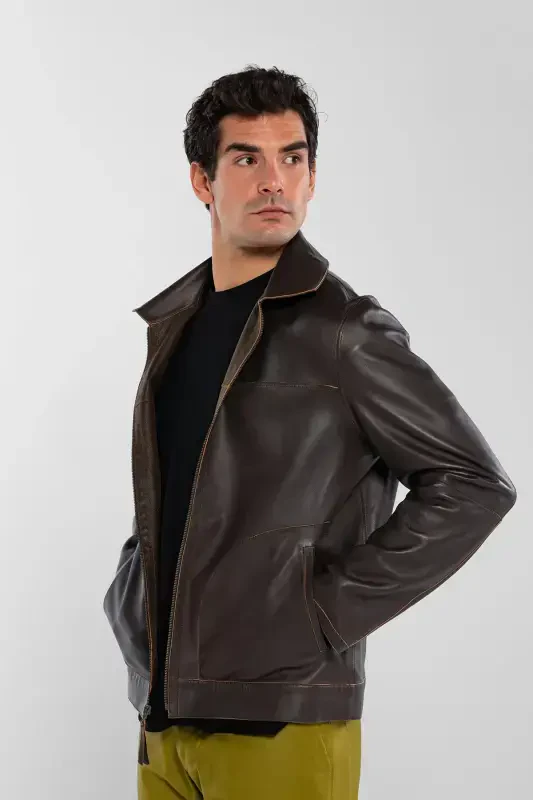 Men's Genuine Leather Jacket-BROWN DOKME - 2