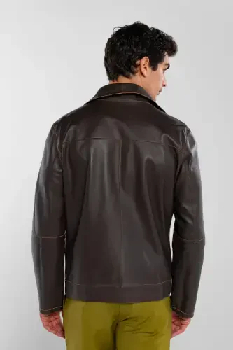 Men's Genuine Leather Jacket-BROWN DOKME - 3