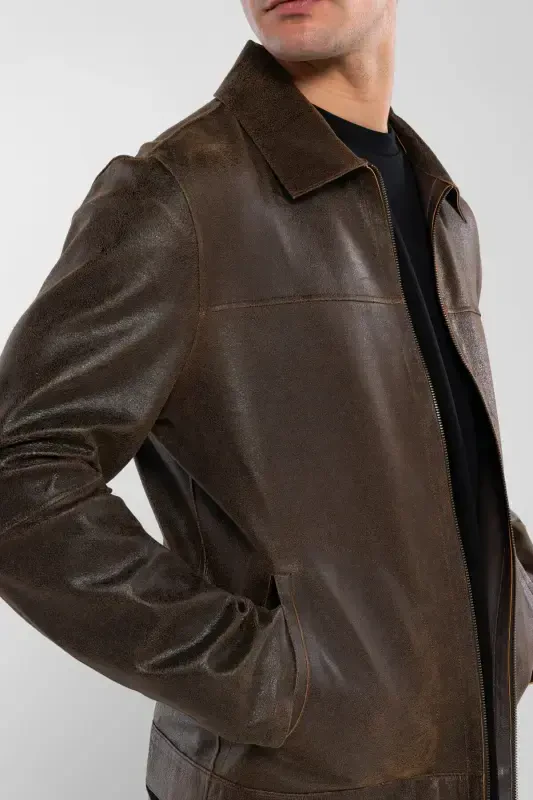 Men's Genuine Leather Jacket-BROWN DOKME - 5