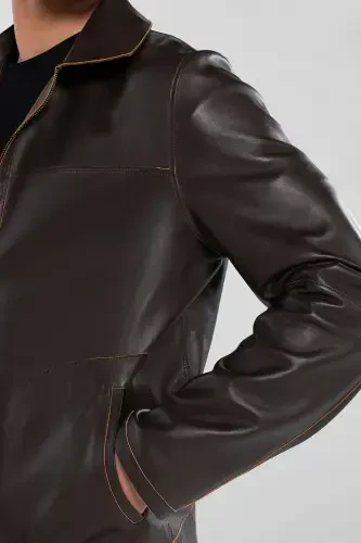 Men's Genuine Leather Jacket-BROWN DOKME - 6