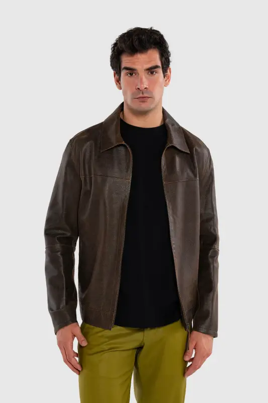 Men's Genuine Leather Jacket-BROWN DOKME - TAMER TANCA