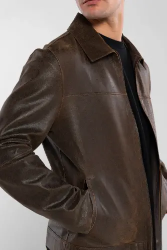 Men's Genuine Leather Jacket-BROWN DOKME - 5