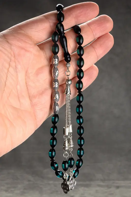 Men's Gift Letter Tassel Amber Rosary, Personalized Rosary Aquamarine-Green - 2