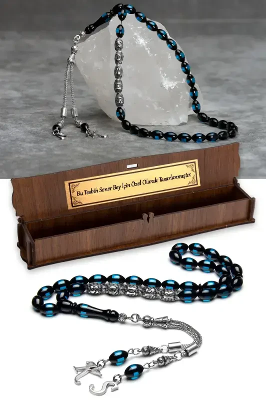 Men's Gift Letter Tassel Amber Rosary, Personalized Rosary, Blue Black-s-Blue Black - 1