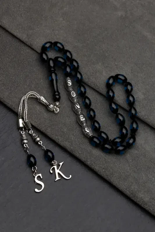 Men's Gift Letter Tassel Amber Rosary, Personalized Rosary, Blue Black-s-Blue Black - 5