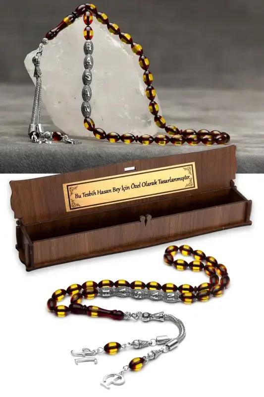 Men's Gift Letter Tassel Amber Rosary, Personalized Rosary Red Yellow-Red - 1