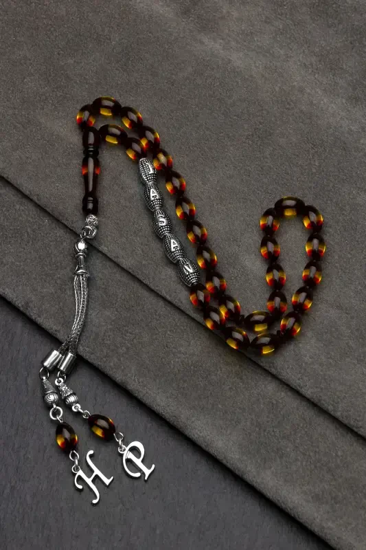 Men's Gift Letter Tassel Amber Rosary, Personalized Rosary Red Yellow-Red - 5