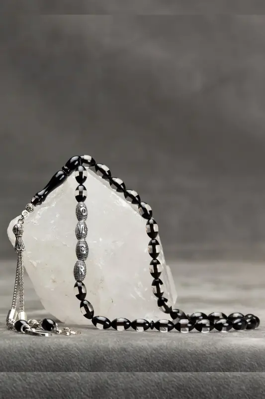 Men's Gift Letter Tasseled Amber Rosary, Personalized Rosary Black-Black - 5