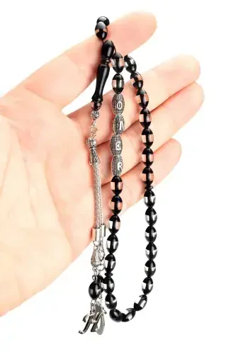 Men's Gift Letter Tasseled Amber Rosary, Personalized Rosary Black-Black - OTTOTESBİH (1)